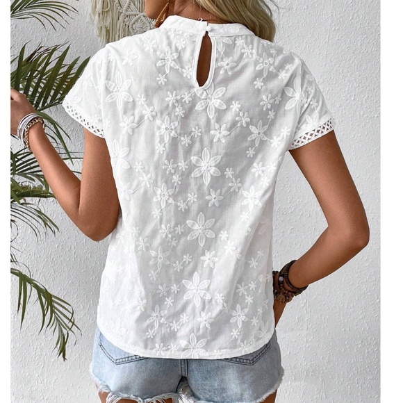 Boho Floral Embroidered Lace Short Sleeve Top - Picture 2 of 7